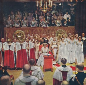 Drottningen, efter sitt inträde i Abbey Church of Westminster, sitter i sin godsstol, av Unbekannt