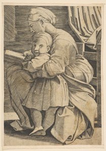 Jungfrun läser med spädbarnet Kristus, kvinna som sitter i profil vänd mot vänster och..., ca. 1515-1600. av Unbekannt