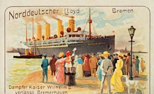 Jätten SS Kaiser Wilhelm II drar iväg från kajen vid Bremerhaven, Tyskland, 1905. av Unbekannt