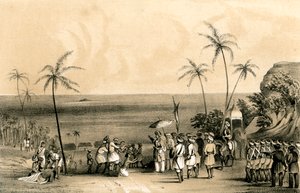 Köpmännen i Calicut grep och kedjade fast vid en karg sten på order av Tippoo Saib, 1847 av Unbekannt