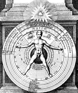 Förhållandet mellan människan, mikrokosmos, med universum, makrokosmos, c1617 av Unbekannt