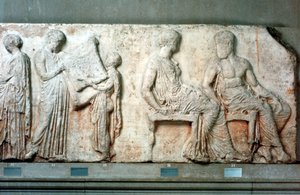 Athenas heliga dräkt som hölls upp av sekttjänstemän, och Athena och Hephaistos, 438 f.Kr. av Unbekannt