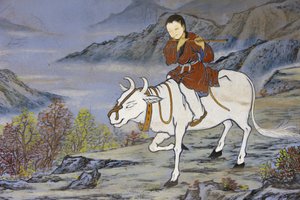 Zenbuddhismens tio oxflockningsbilder representerar stadierna av upplysning När du kommer hem på oxens rygg, Seoul, Coree du Sud av Unbekannt