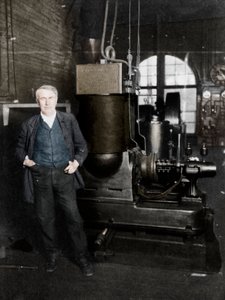Thomas Alva Edison, amerikansk uppfinnare, med sin första dynamo för att producera elektriskt ljus, 1880-talet av Unbekannt