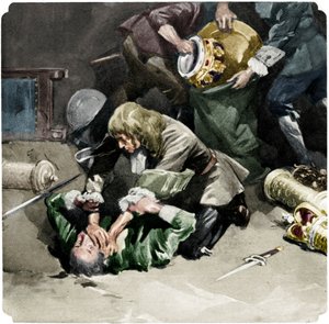 Thomas Blood försökte stjäla kronjuvelerna från Towern i London 1671, 1937 av Unbekannt