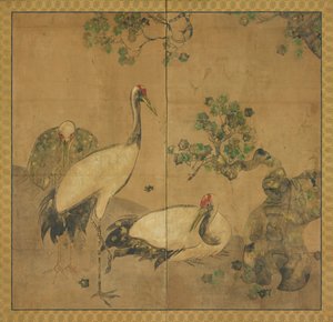 Tre tranor under ett träd, Edo-perioden, 1615-1868. av Unbekannt