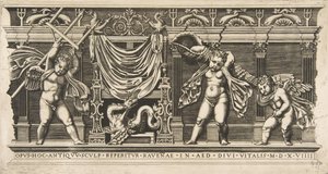 Tre amoriner framför en fasad med pilastrar, en med en treudd och en annan..., ca. 1515-1600. av Unbekannt
