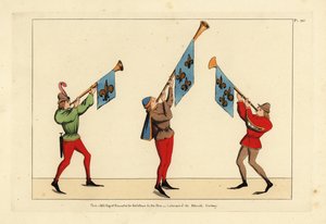 Tre härolder med trumpeter prydda med fleur-de-lis standarder av Unbekannt