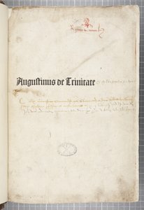 Titelsidan för De trinitate och De Civitate Dei cum commento, skriven av Augustinus av Hippo (penna och bläck på papper) av Unbekannt