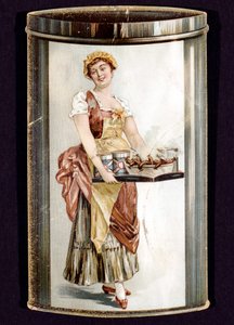 Handelskort för konserverade Frankfurters tillverkade av Heinrich Bauer från Frankfurt am Main, Tyskland, c1895 av Unbekannt