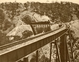 Tåg passerar över viadukten, Mount Lofty Range, södra Australien, 1930. av Unbekannt