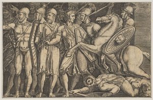 Trajanus Fighting the Dacians, Trajanus till häst till höger rider mot en grupp ..., ca. 1515-1600. av Unbekannt