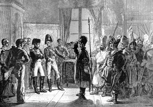 Tsar Alexander I presenterar ryska trupper till Napoleon, 8 juli 1807 1882-1884 av Unbekannt