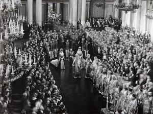 Tsar Nicholas II vid öppningsceremonin av den första duman, St Petersburg, Ryssland, 1906 av Unbekannt