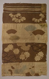 Tsujigahana-textil med horisontella ränder, blommande växter, fläktar, snöflingor..., ca. sent 16:e ce av Unbekannt