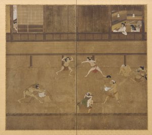 Tvåpanelsskärm föreställande brottare, Edo-period, 1600-talet. av Unbekannt