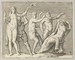 Två figurer, en faun och en satyr närmar sig en liggande kvinna, publicerad ca. 1599-1622. av Unbekannt