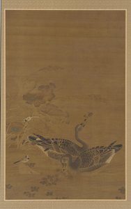 Två gäss som matar i en lotusdamm, Mingdynastin, 1500-1600-talet. av Unbekannt