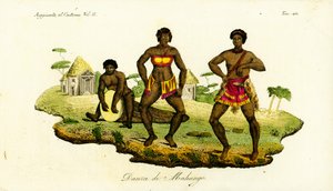 Två Mahungo-kvinnor dansar semba till musik från en trumma uthuggen från en stock i Angola av Unbekannt