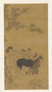 Två män och två hästar under en tall, Qingdynastin, 1700-tal. av Unbekannt