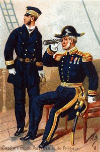 U: Kaptensskepp och fregatt. Gravyr i "Militäralfabetet". Illustratörens initialer: A. D. Okänd utgivare. Kromolitografier från slutet av 1800-talet. Mått: 10,5x7 cm. av Unbekannt