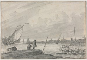 Utsikt över Alkmaar med båtar, 1600-tal. av Unbekannt