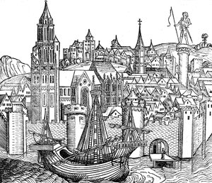 Utsikt över befäst stad, 1493 av Unbekannt
