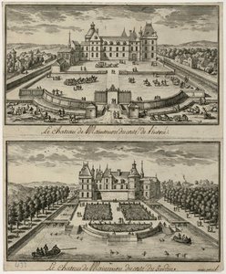 Utsikt över Château de Maintenon från entrén och från trädgården, 1600-talet. av Unbekannt