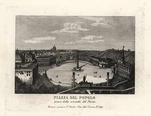 Utsikt över Piazza del Popolo, Place du Peuple, med en egyptisk obelisk av Rameses II från Heliopolis, från toppen av Pincian Hill, Rom av Unbekannt