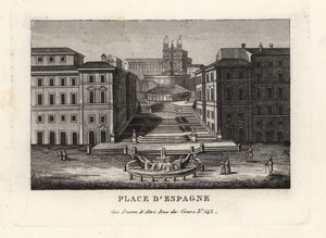 Utsikt över Piazza di Spagna, Fontana della Barcaccia, Båtfontänen och Scalinata di Trinita dei Monti, Spanska trappan, Rom av Unbekannt