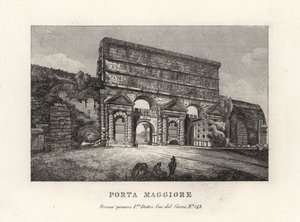 Utsikt över Porta Maggiore-porten med akvedukter, Larger Gate eller Porta Prenestina, i Aurelian Wall, Rom av Unbekannt