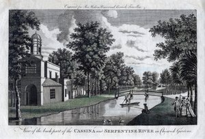 Vy över den bakre delen av Cassina och Serpentine River i Chiswick Gardens, London av Unbekannt