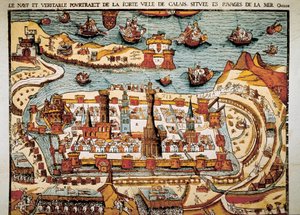 Utsikt över staden Calais 1538. Xylografi. av Unbekannt