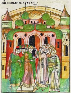 Vladimir Vsevolodovich krönt av biskop Neophytos med Monomakhs mössa. Från Illuminated Compil av Unbekannt
