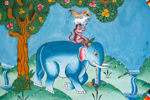 Vägg föreställande legenden om de fyra vännerna; elefant; apa; kanin och tupp; Kharbadi Gompa; Phuentsholing; kungariket Bhutan av Unbekannt