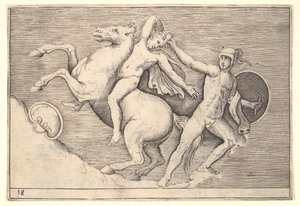 Warrior Pulling a Rider from His Horse, från Ex Antiquis Camus et Ge..., publicerad ca. 1599-1622. av Unbekannt