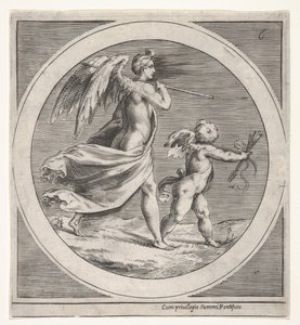 Bevingad kvinnofigur, draperad och bärande en stav, skridande bakom en bevingad putto..., ca. 1550-1600. av Unbekannt