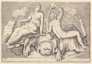 Kvinna och man sittande på lejonskinn, man häller vin, publicerad ca. 1599-1622. av Unbekannt