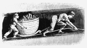 Kvinna och pojke ritar en korv som innehåller 3-4 cwt kol, Bolton, Lancashire, 1848 av Unbekannt