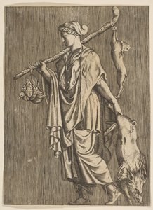 Kvinna som återvänder från en jakt med en galt i sin vänstra hand och en käpp på r..., ca. 1515-1600. av Unbekannt