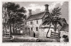 Woolsthorpe Manor, nära Grantham, Lincolnshire, födelseplats för Sir Isaac Newton, tidigt 1800-tal av Unbekannt