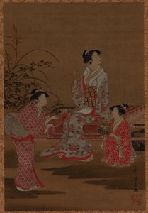 Ung kvinna, med två flickor, sittande i en trädgård, Edo-perioden, 1615-1868. av Unbekannt