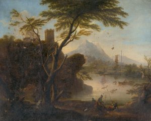 En vik med ett slott och en figural stav av Unbekannt