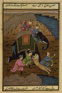Kejsar Akbar (1556-1608) på tigerjakt, från Akbarnama, Mughal, (illustrerad text) av Unbekannt Unbekannt