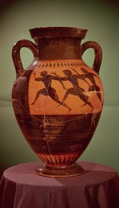 Grekisk amfora med svart figur som föreställer löpare i ett lopp, 600-550 f.Kr. av Unbekannt Unbekannt