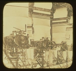 Stickmaskiner på jobbet i Wolsey Woolen Factory, Leicestershire, ca 1850 av Unbekannt Unbekannt