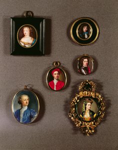 Miniatyrer från LtoR, TtoB: Frances Teresa Stuart, hertiginna av Richmond och Lennox (för detaljer se 97685) av Jean Petitot (1607-91); Självporträtt av Jean Petitot (1607-91); Charles Fitzroy, 2:e hertig o
