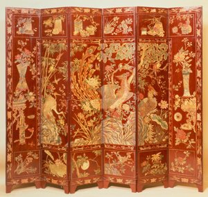 Pastoral scen, (röd lackduk med förgyllt chinoiserie) av Unbekannt Unbekannt