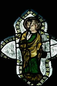 S:t Edmund, krönt och nimbed, bärandes pilar av hans martyrskap, 1300-tals målat glas av Unbekannt Unbekannt