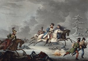 Bonapartes flykt från slaget vid Krasnoi av William Heath, publicerad 1 april 1815 (färgad akvatint)